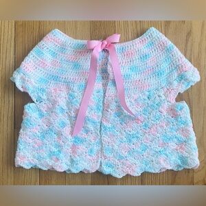 VTG 80s Girl's Crocheted Cardigan *One Size* Pink Blue Short Sleeve Sweater